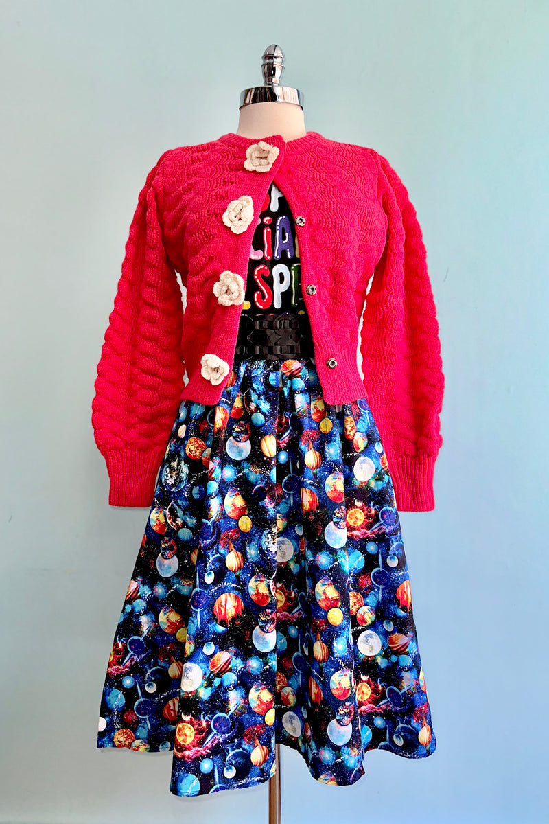 Red Knit Cardigan with Rosette Detail