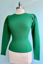Green Ribbed Knit Puff Sleeve Sweater by Wild Pony