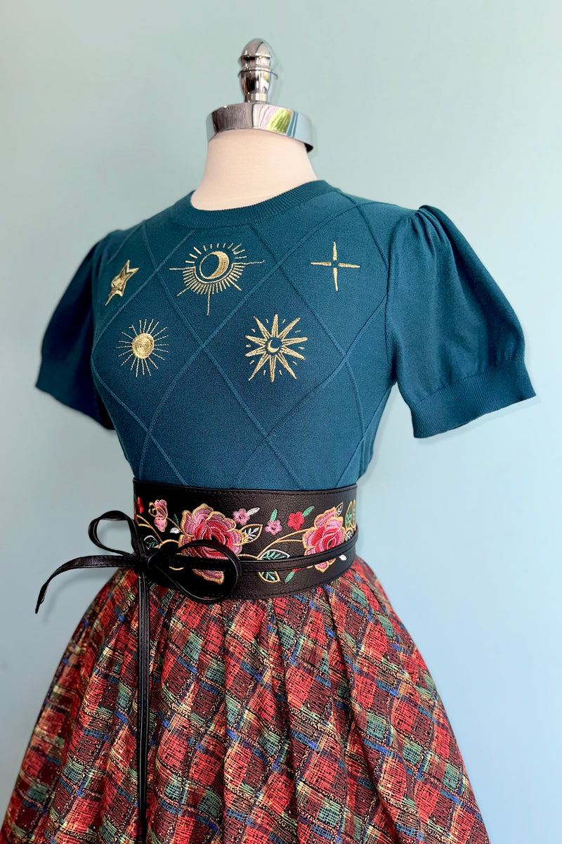 Celestial Gold Embroidered Short Sleeve Sweater in Green by Modern Millie!