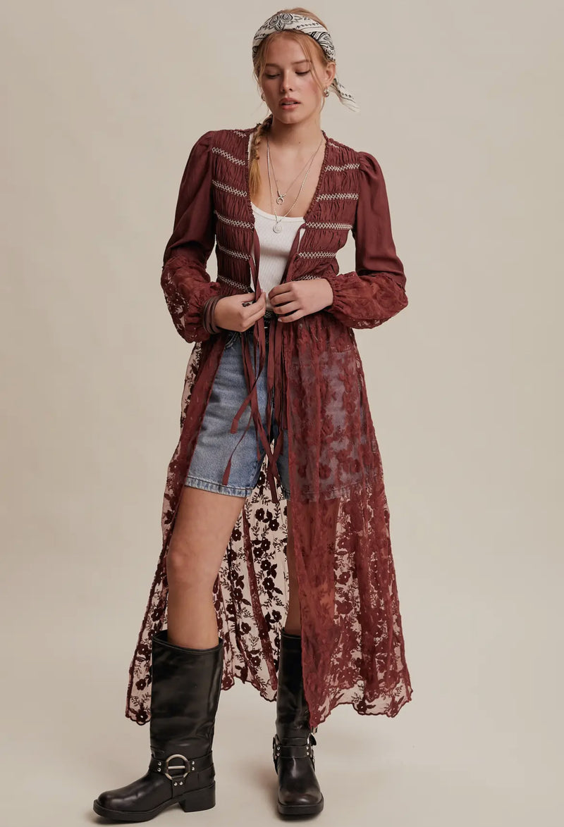 Burgundy Tie Front Lace Duster Dress
