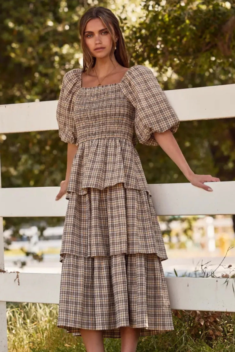 Brown Plaid Bubble Sleeve Square Neck Midi Dress