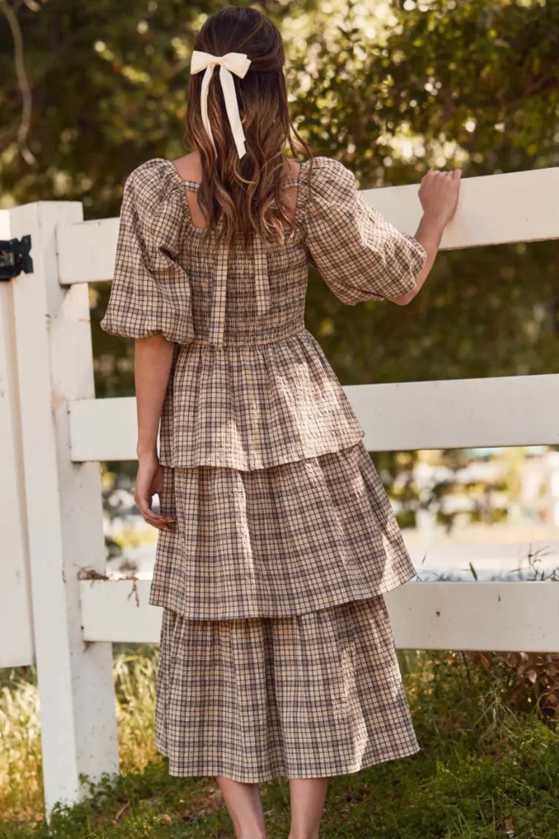 Brown Plaid Bubble Sleeve Square Neck Midi Dress