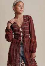 Burgundy Tie Front Lace Duster Dress