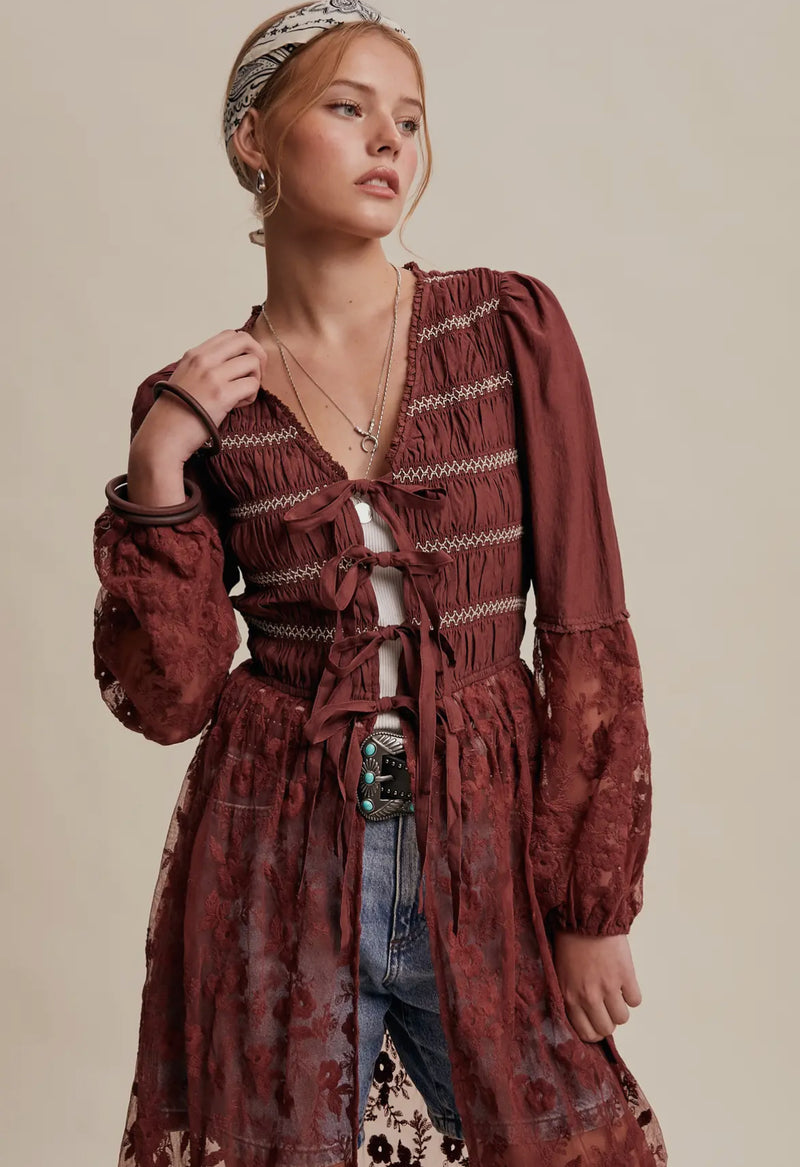 Burgundy Tie Front Lace Duster Dress