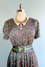 Art Nouveau Green and Pink Puff Sleeve Dress