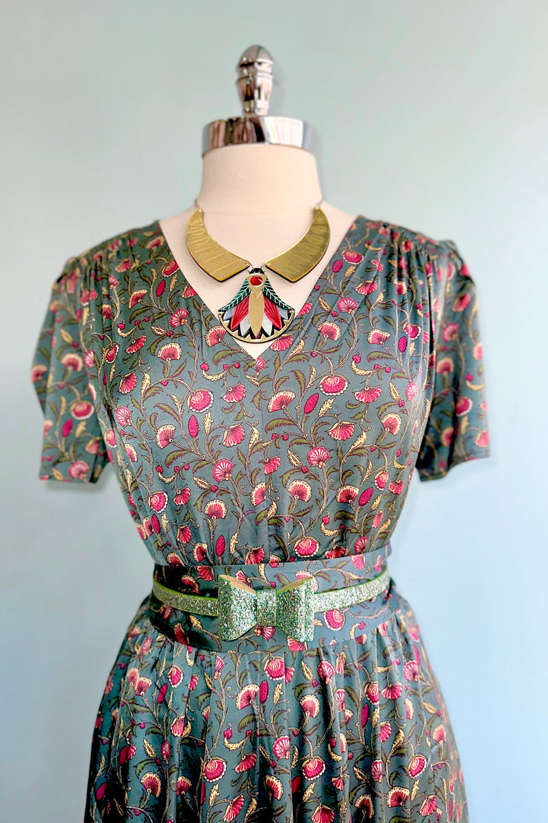 Art Nouveau Green and Pink Puff Sleeve Dress