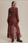Burgundy Tie Front Lace Duster Dress