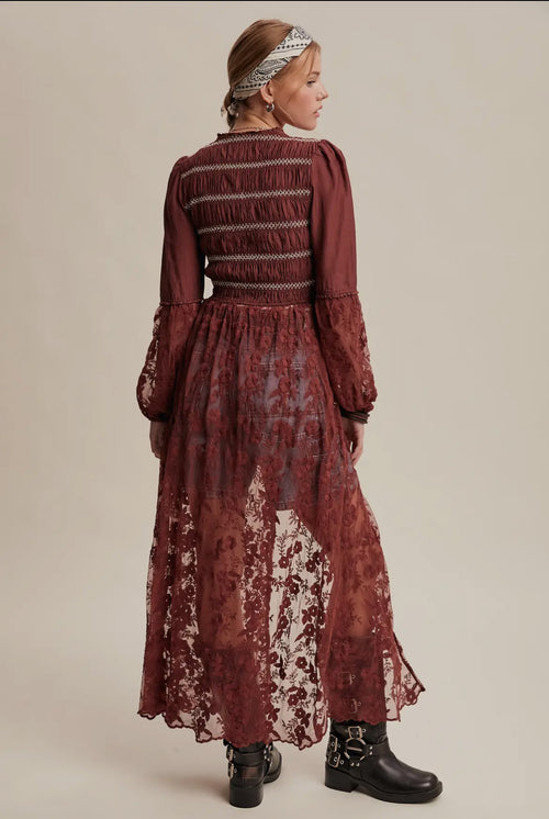 Burgundy Tie Front Lace Duster Dress
