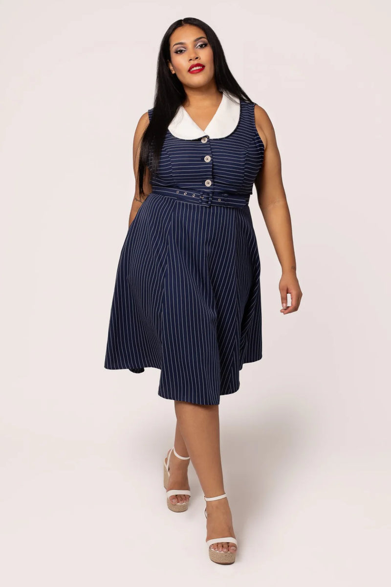 Knee Length Navy Pinstripe Costello Dress by Hell Bunny Modern Millie Knee Length Navy Pinstripe Costello Dress by Hell Bunny Modern Millie