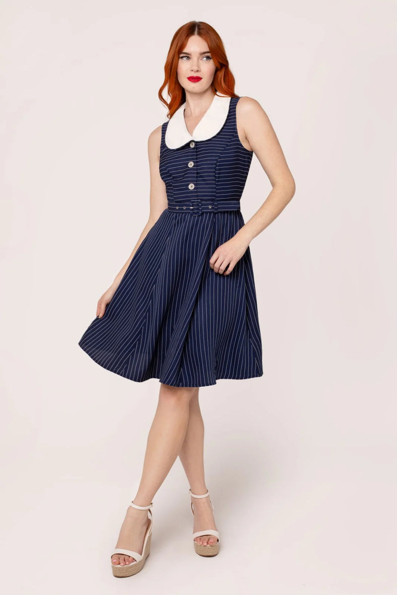 Knee Length Navy Pinstripe Costello Dress by Hell Bunny