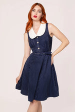 Knee Length Navy Pinstripe Costello Dress by Hell Bunny