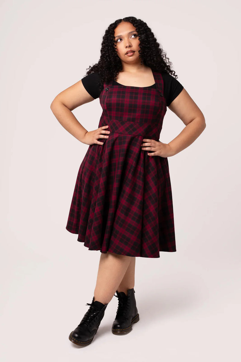Burgundy Plaid Carmina Pinafore Dress by Hell Bunny