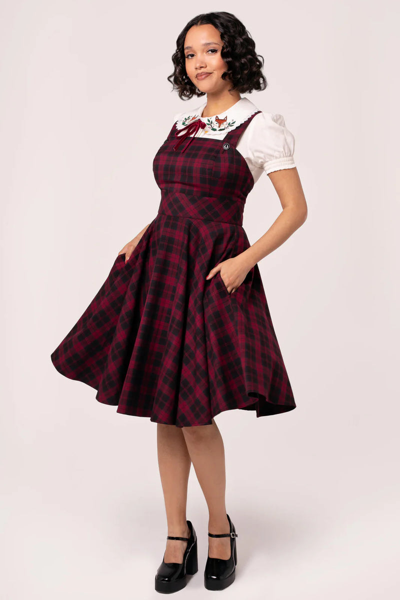 Burgundy Plaid Carmina Pinafore Dress by Hell Bunny