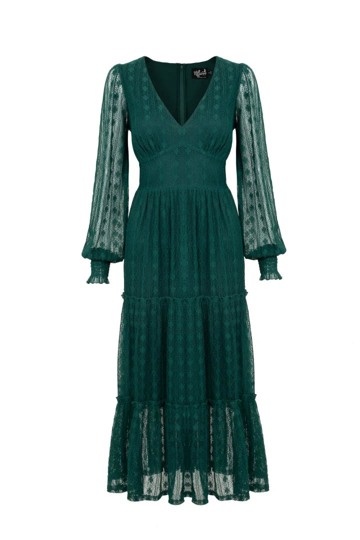 Rhianne Dress Dark Green Lace Maxi V-Neck Puff Sleeve Frill Detail Witchy Style, Size XL Rhianne Dress Dark Green Lace Maxi V-Neck Puff Sleeve Frill Detail Witchy Style, Size XL
