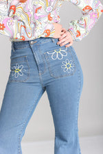 Embroidered Flower Power Flare Jeans by Hell Bunny