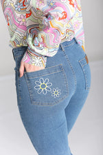 Embroidered Flower Power Flare Jeans by Hell Bunny