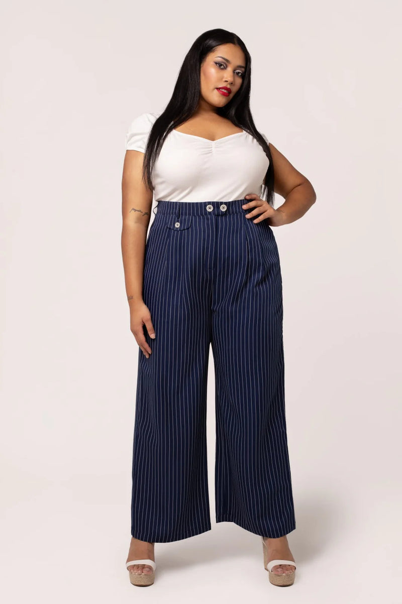 Navy Pinstripe Wide Leg Costello Pants by Hell Bunny