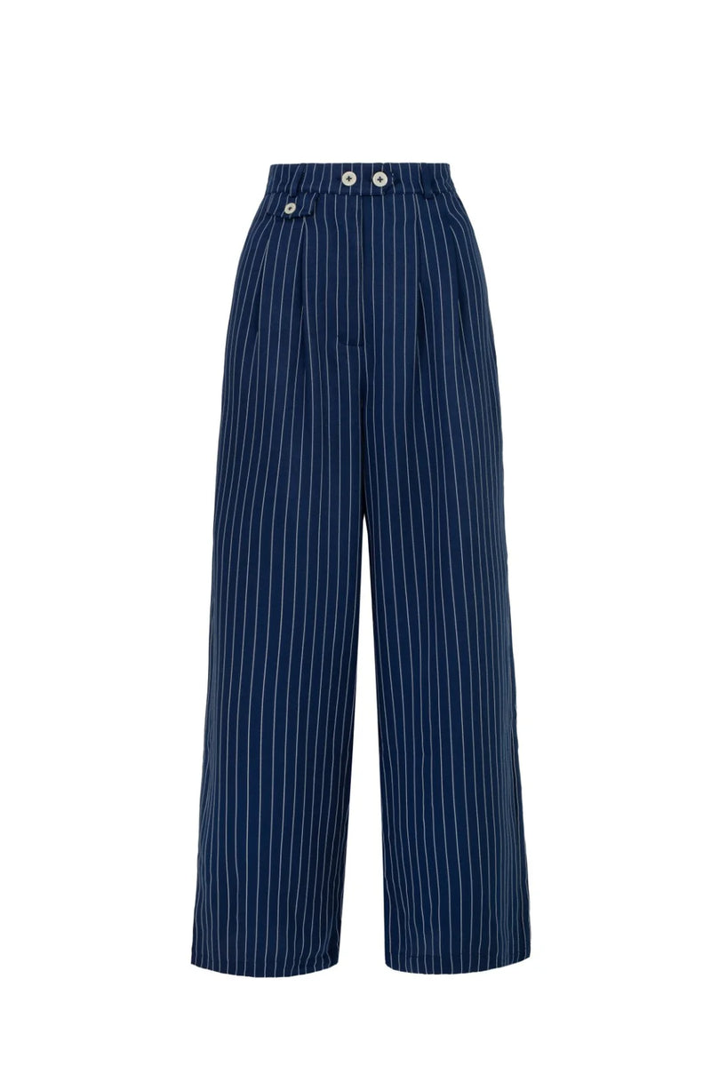 Navy Pinstripe Wide Leg Costllo Pants by Hell Bunny