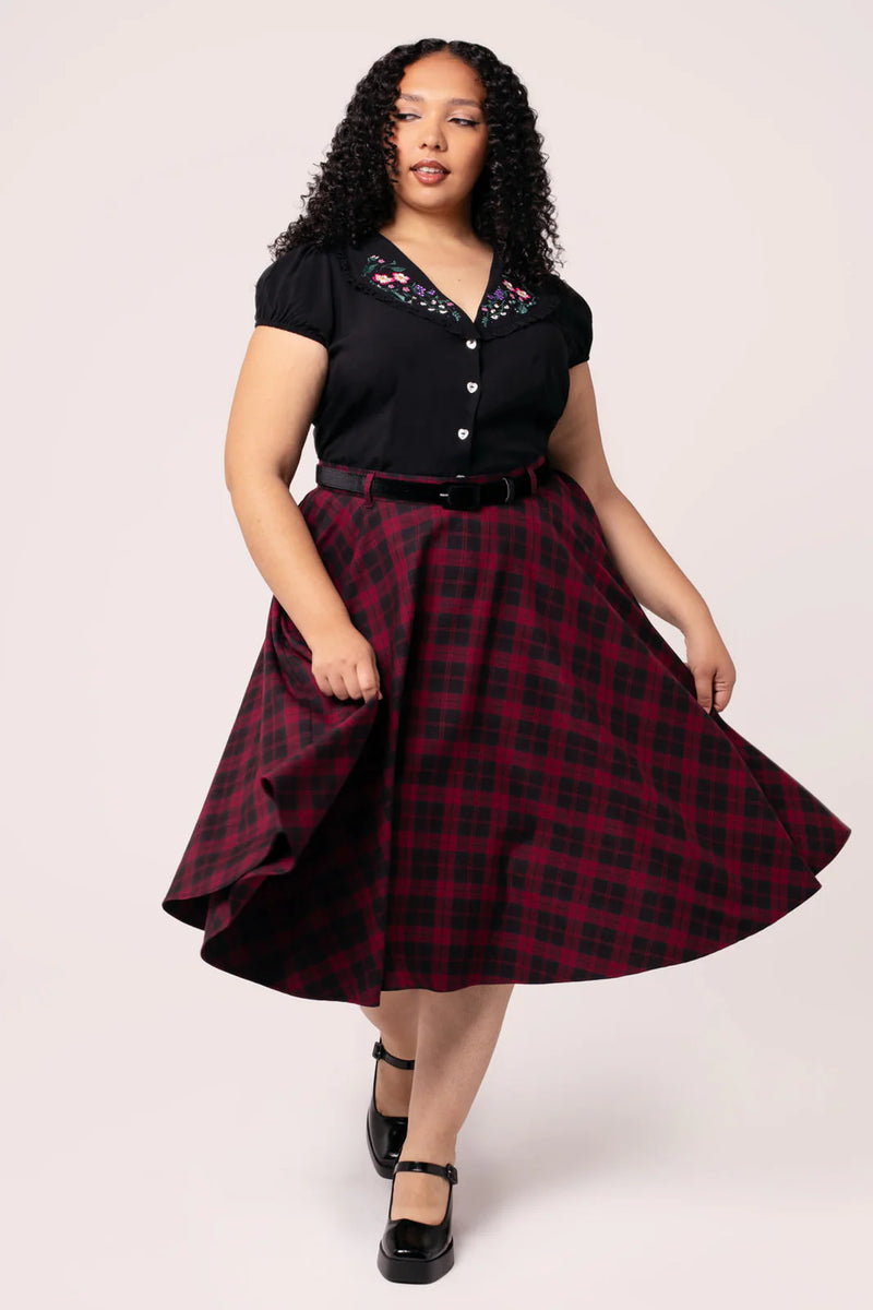 Carmina Burgundy Plaid Circle Skirt by Hell Bunny