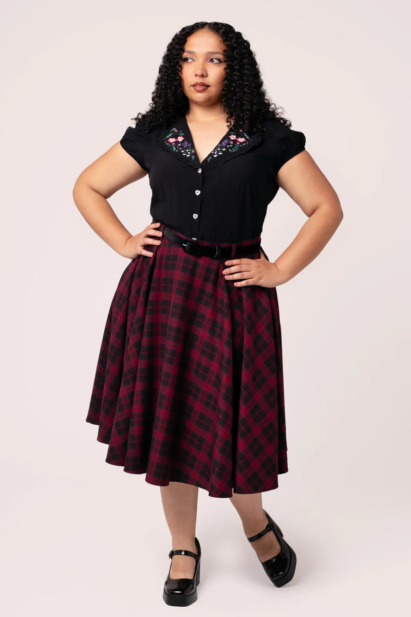 Carmina Burgundy Plaid Circle Skirt by Hell Bunny
