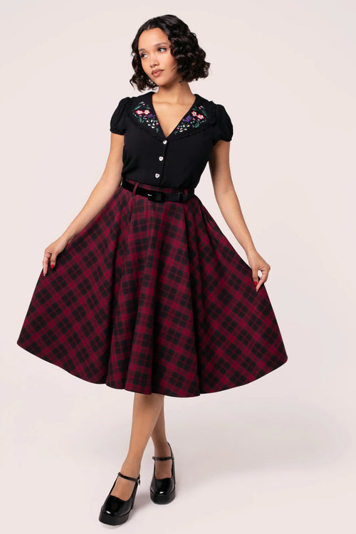 Carmina Burgundy Plaid Circle Skirt by Hell Bunny