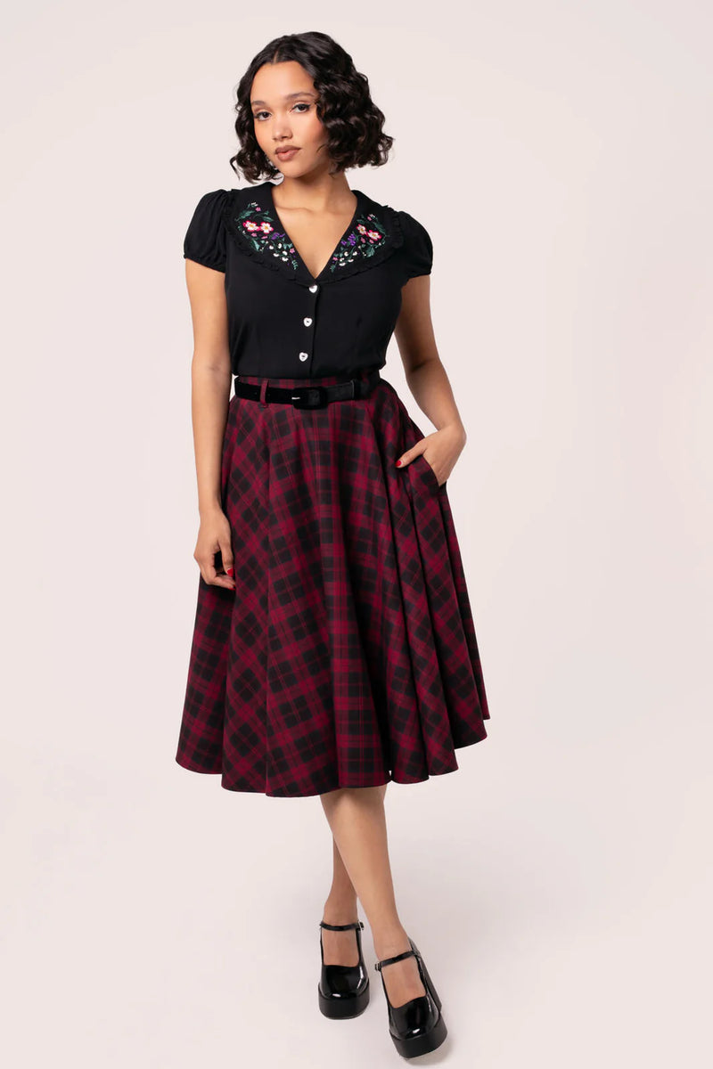 Carmina Burgundy Plaid Circle Skirt by Hell Bunny