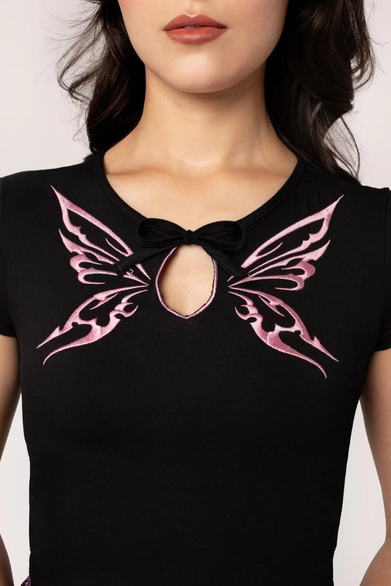 Butterfly Short Sleeve Kocho Knit Crop Top by Hell Bunny