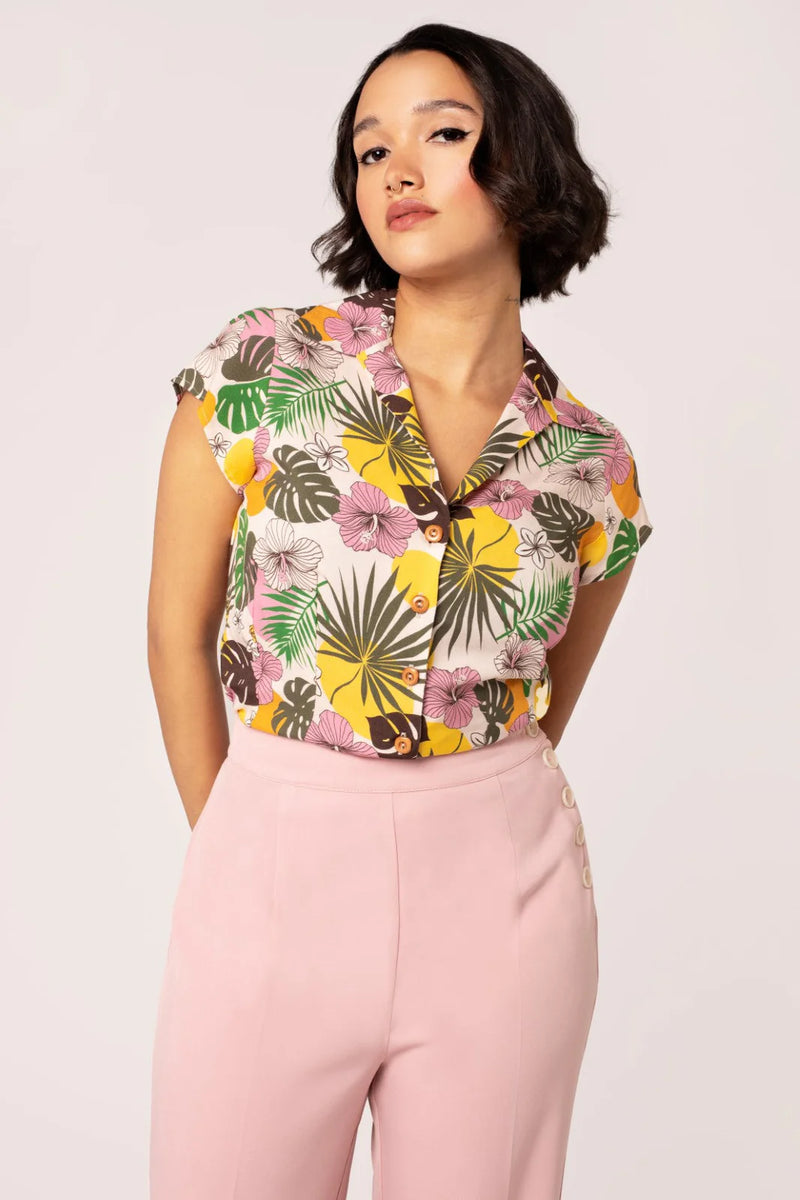 Benita Tropical Print Button Down Top by Hell Bunny