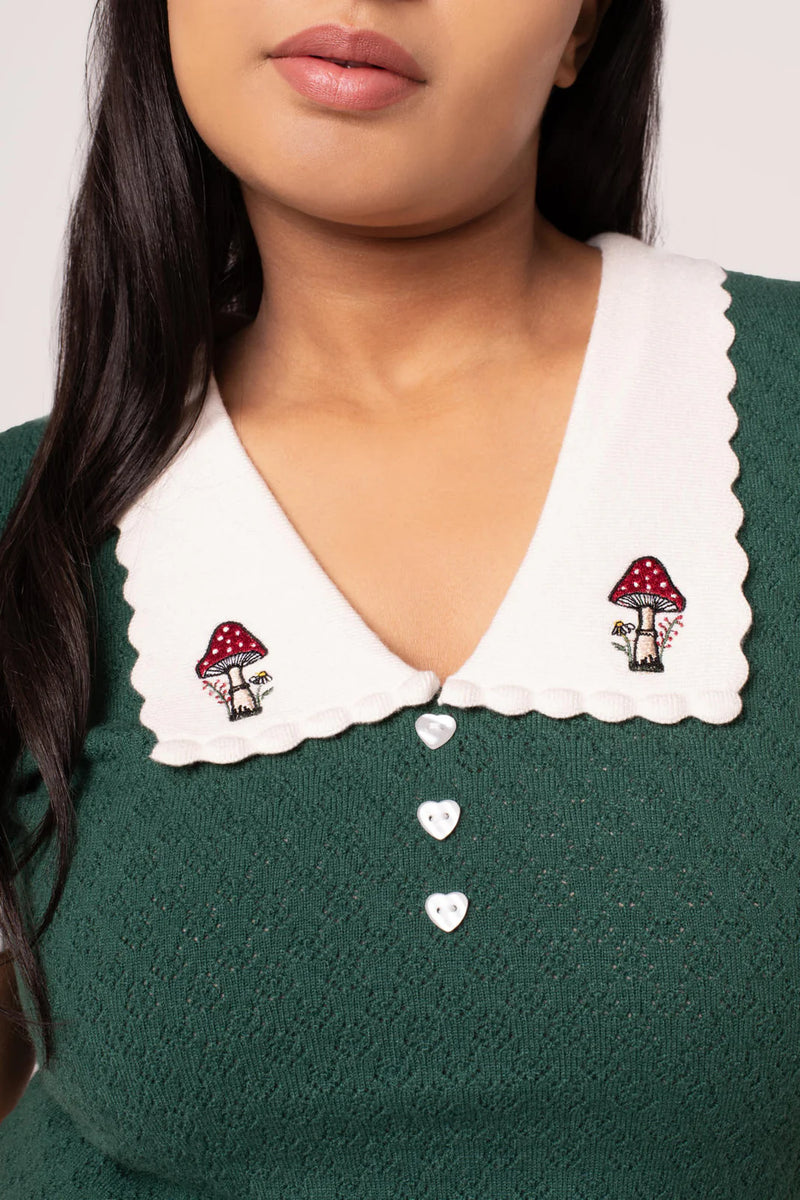 Mushroom Genevieve Sweater in Green by Hell Bunny