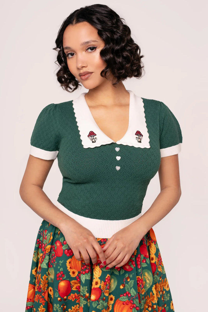 Mushroom Genevieve Sweater in Green by Hell Bunny