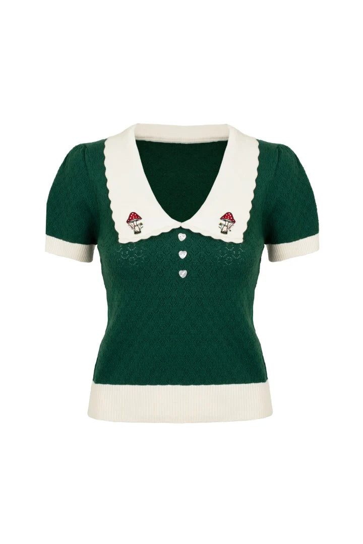 Mushroom Genevieve Sweater in Green by Hell Bunny