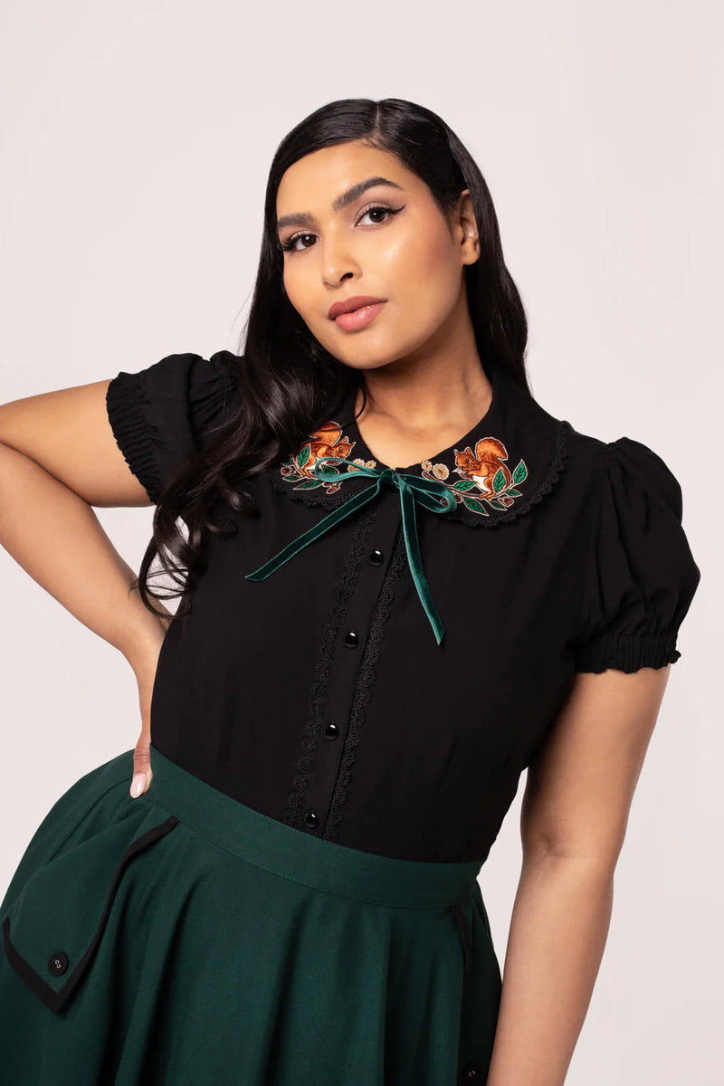 Squirrel Embroidered Chester Top by Hell Bunny