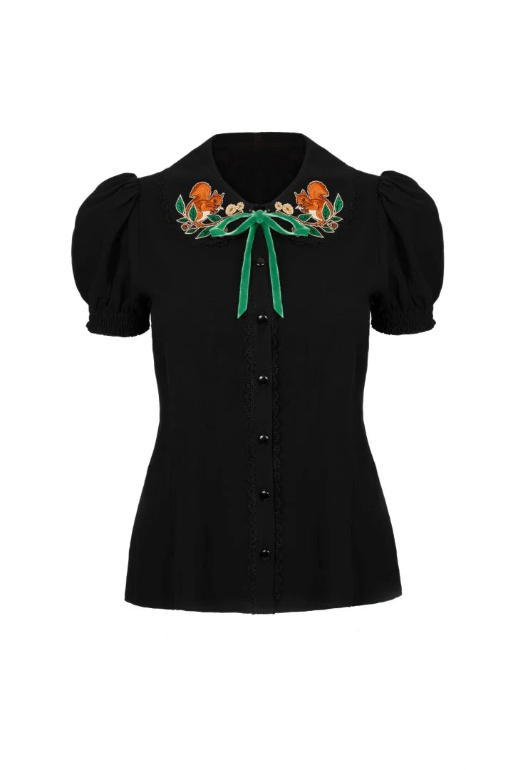 Squirrel Embroidered Chester Top by Hell Bunny