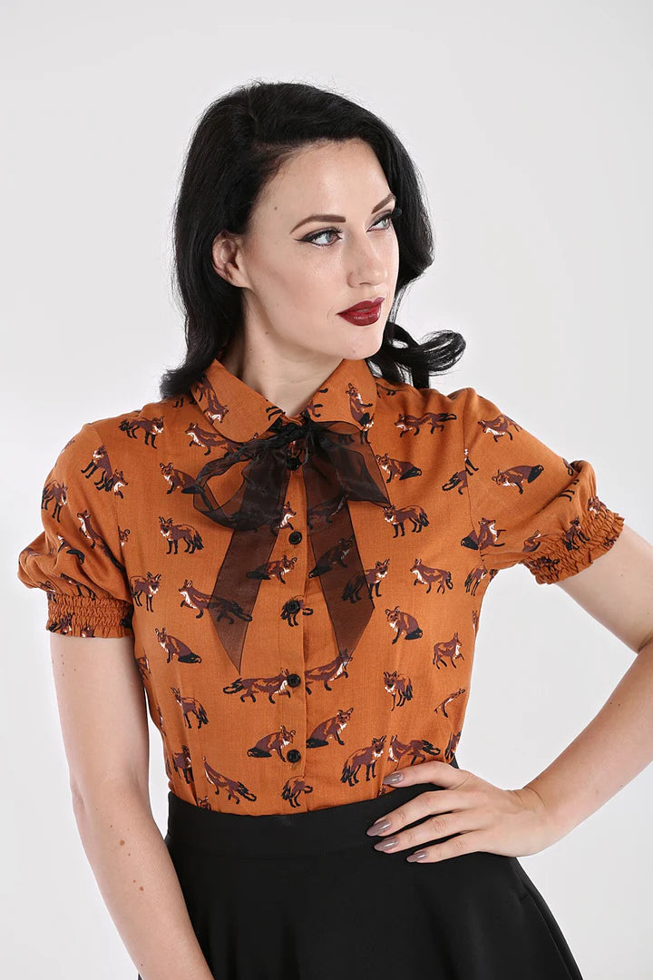 Vixey Short Sleeve Fox Top in Caramel by Hell Bunny