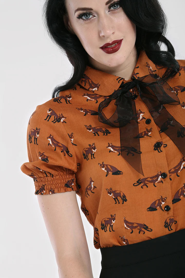 Vixey Short Sleeve Fox Top in Caramel by Hell Bunny
