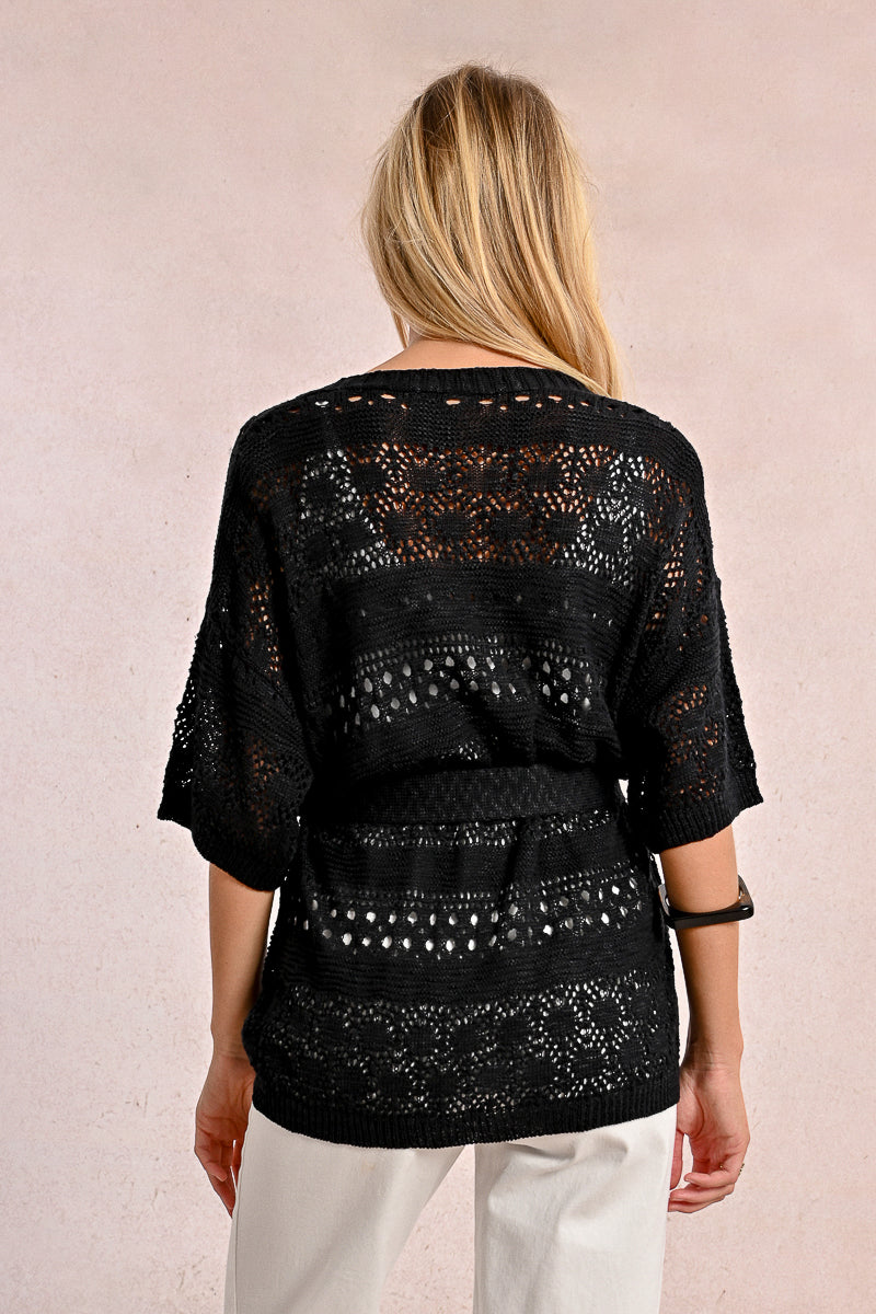 Crochet Belted Cardigan in Black by Molly Bracken