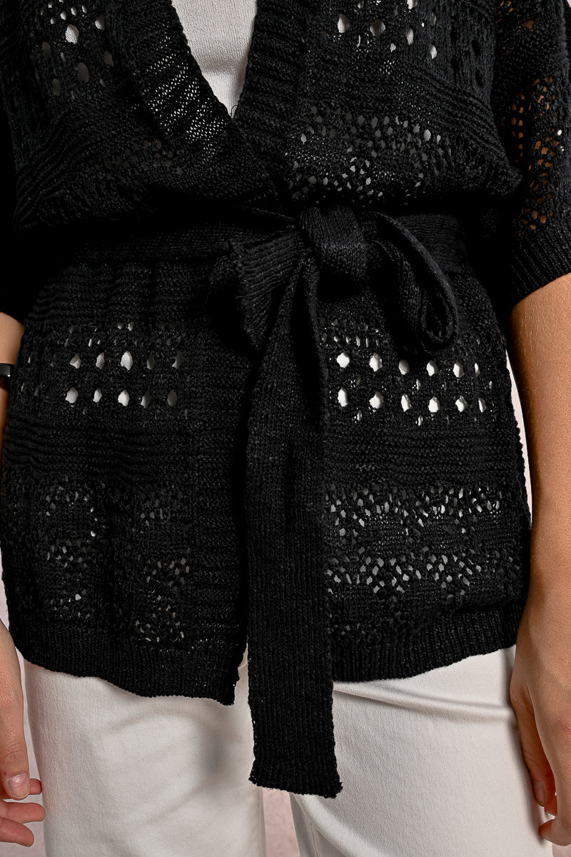 Crochet Belted Cardigan in Black by Molly Bracken