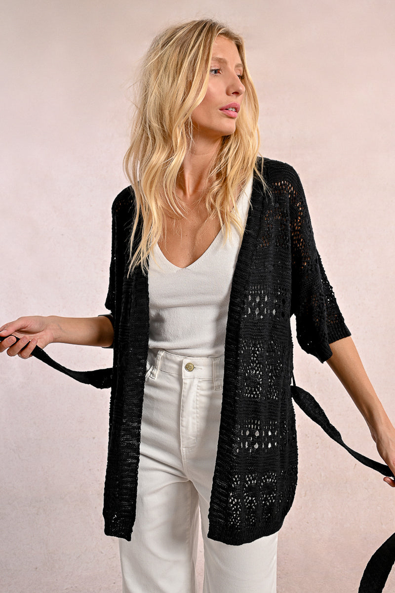 Crochet Belted Cardigan in Black by Molly Bracken