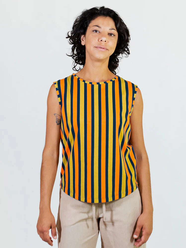 Navy and Chartreuse Stripe Millie Muscle Tee Top by Mata Traders