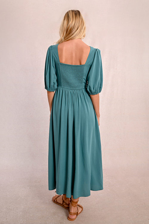 Teal Green Puff Sleeve Smocked Midi Dress by Molly Bracken