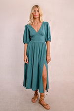 Teal Green Puff Sleeve Smocked Midi Dress by Molly Bracken