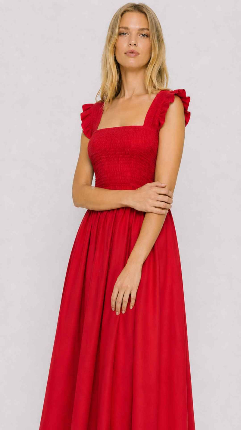 red smocked midi dress Red Smocked Bodice Midi Dress | Adjustable Straps