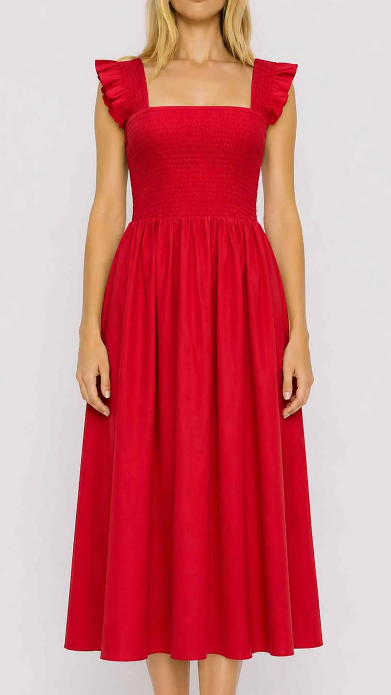 red formal midi dress Red Smocked Xemeni Midi Dress by Timeless London – Modern Millie