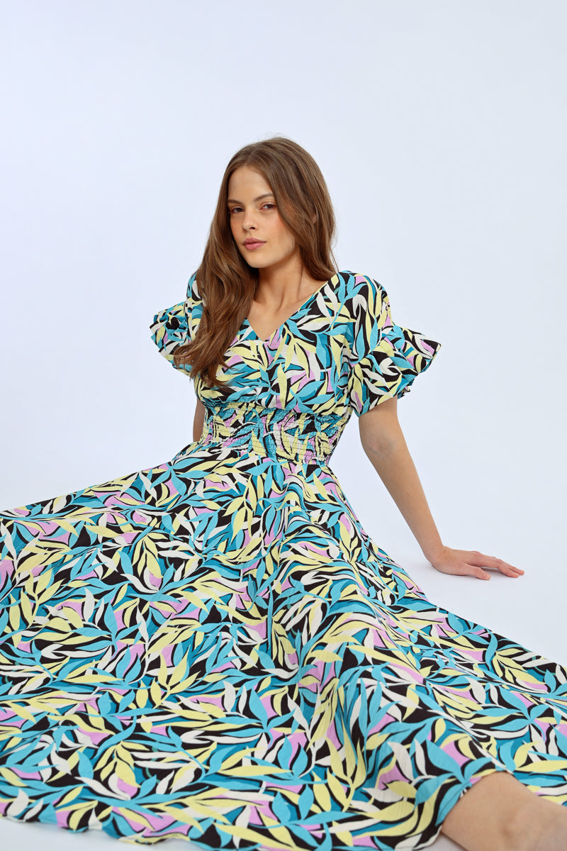 Bright Leaf Ruffle Sleeve Midi Dress by Lili Sidonio