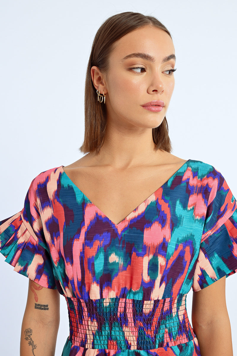 Abstract Print Ruffle Sleeve Midi Dress by Lili Sidonio