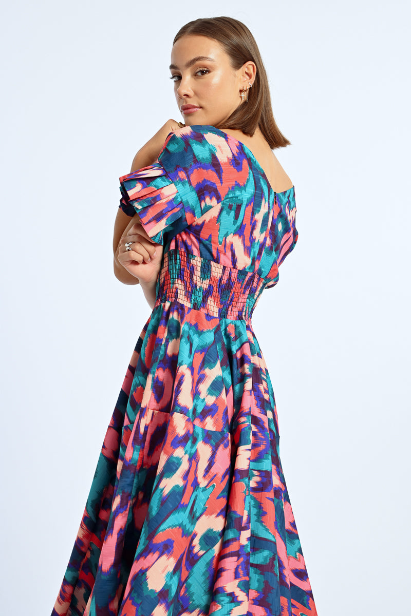 Abstract Print Ruffle Sleeve Midi Dress by Lili Sidonio