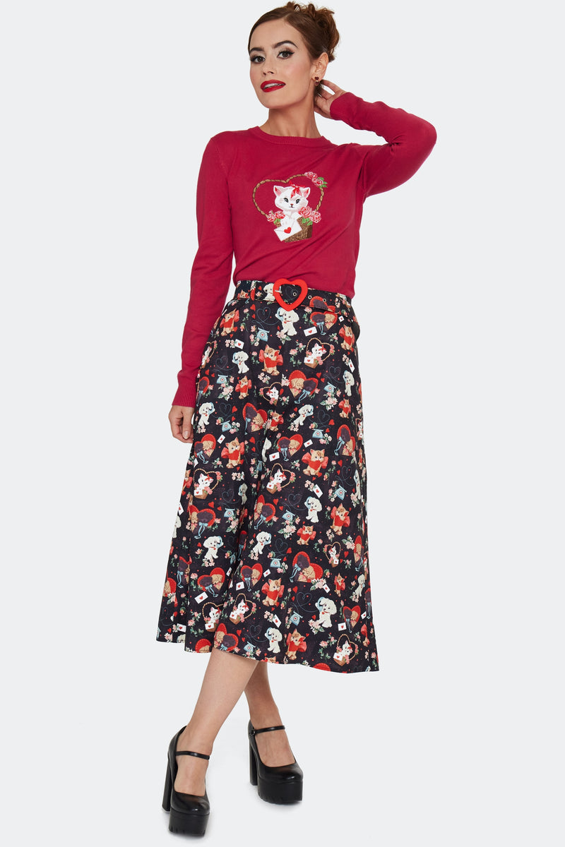 Midi Skirt in Valentines Kitties and Puppies by Voodoo Vixen