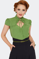 Green Short Sleeve Keyhole Button Down Top by Voodoo Vixen