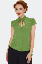 Green Short Sleeve Keyhole Button Down Top by Voodoo Vixen