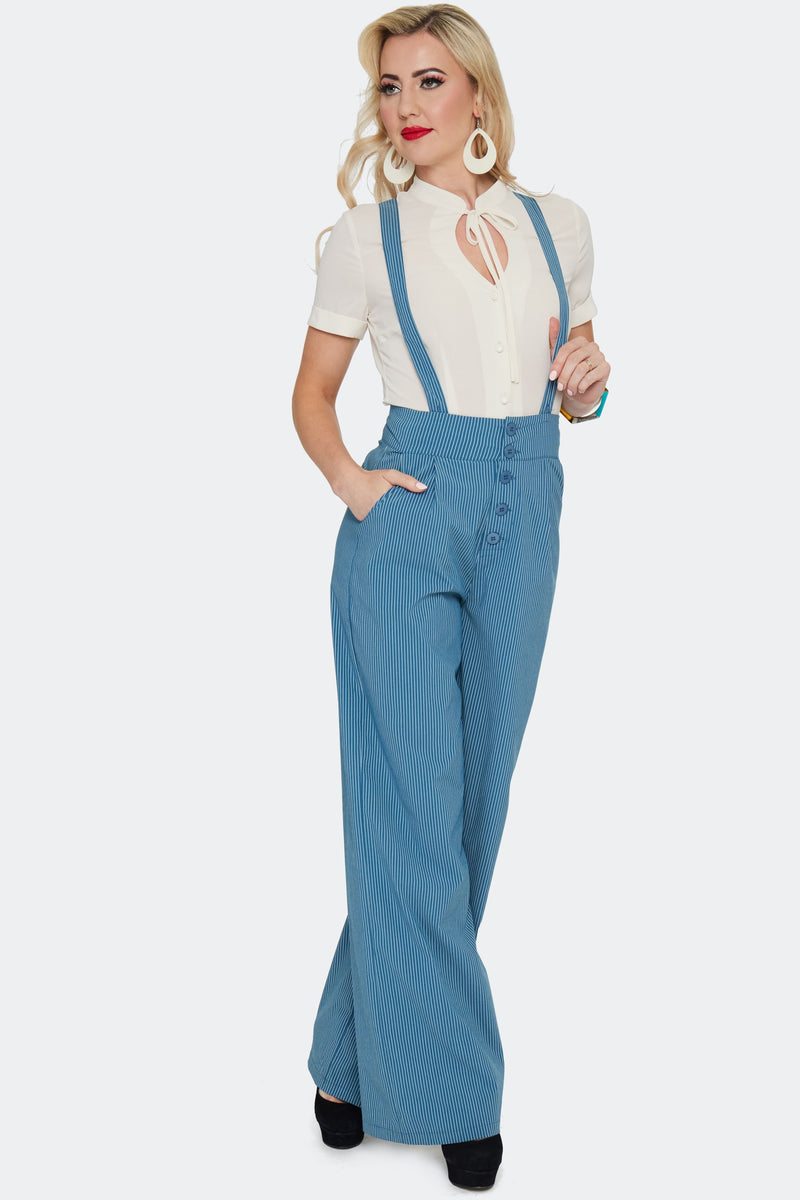 Blue Pinstripe High Waisted Suspender Pants by Voodoo Vixen Modern Millie Blue Pinstripe High Waisted Suspender Pants by Voodoo Vixen Modern Millie